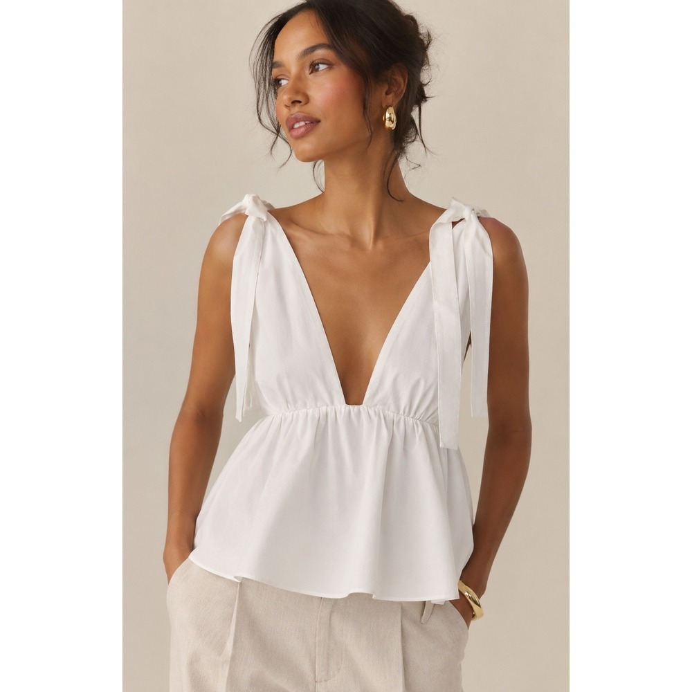 Zara Blouse Top Sz XS White Ribbon Detail Poplin Romantic Cottage Deep V-Neck